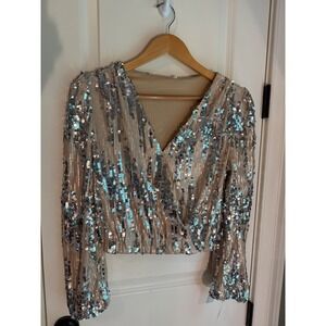Silver Sequin + Champagne Long Sleeve V-Neck Party Blouse Small